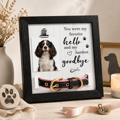 Pet loss remembrance frame with photo opening and collar holder for a beloved pet