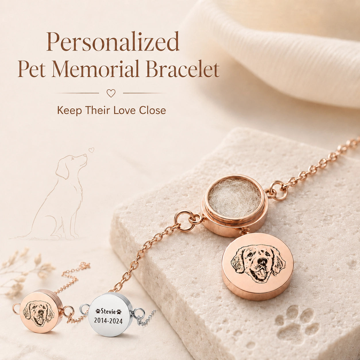 personalized pet memorial bracelet with engraved dog portrait and hidden keepsake locket
