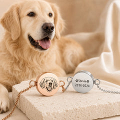 Rose gold pet portrait bracelet showing engraved dog portrait, hidden fur compartment and personalized back engraving