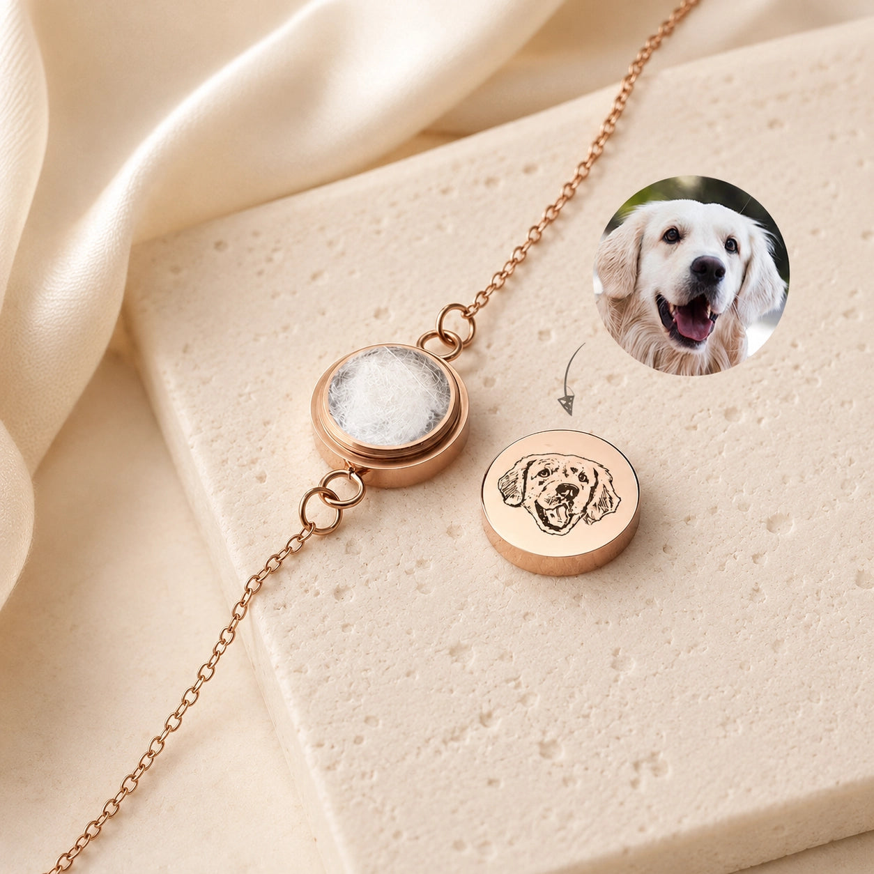 open pet fur keepsake bracelet with custom dog portrait charm