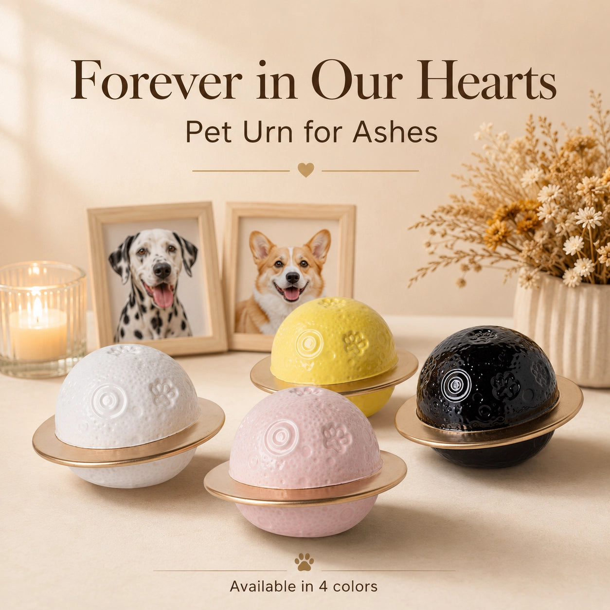 Four ceramic pet urns for ashes displayed with dog memorial photos and candle