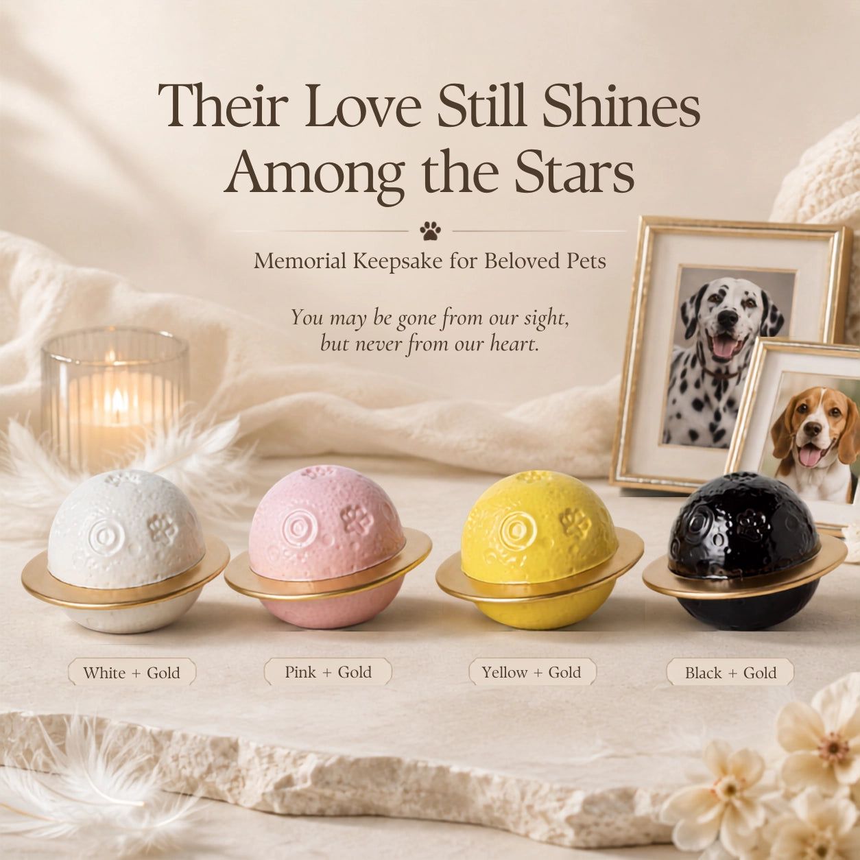 Planet-shaped pet memorial urns with framed dog photos and remembrance message