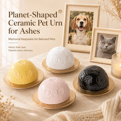Planet-shaped ceramic pet urns displayed with framed dog and cat memorial photos