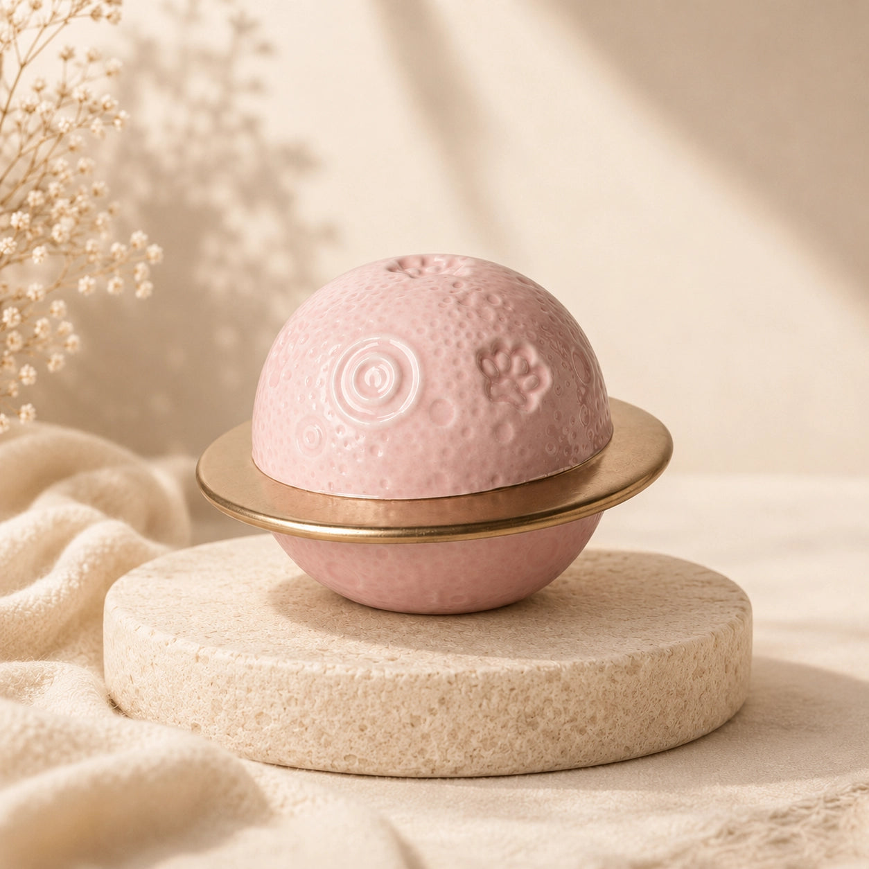 Pink and gold planet-shaped ceramic pet urn for ashes with embossed paw-print details