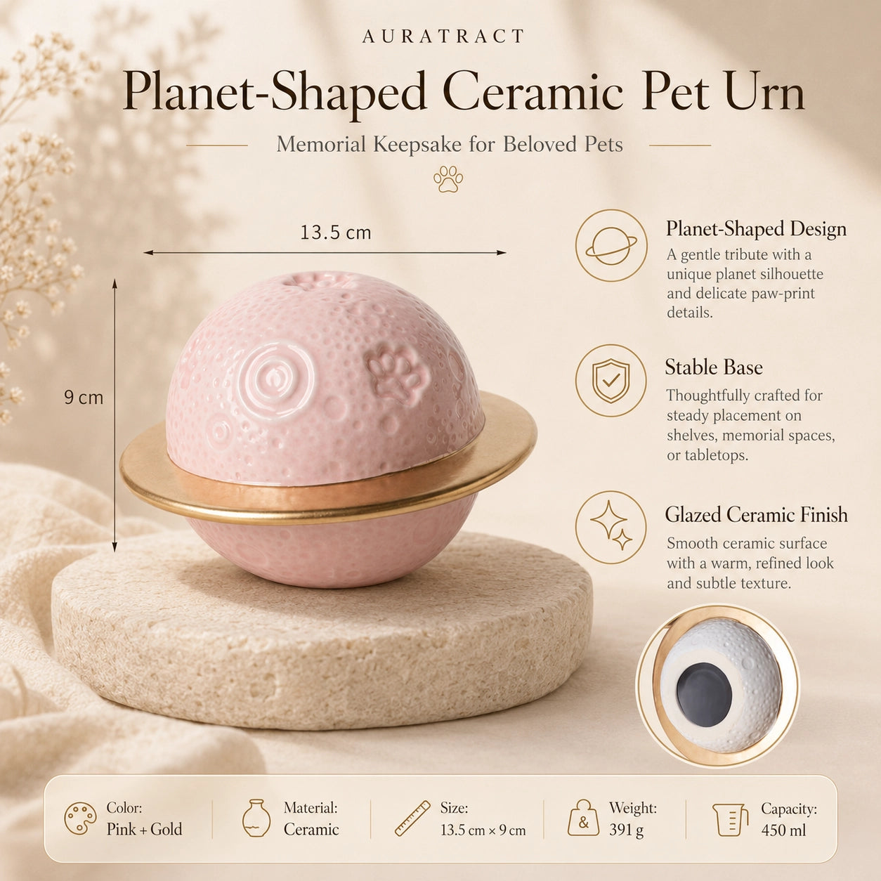 Pink planet-shaped ceramic pet urn dimensions, material and 450 ml capacity details