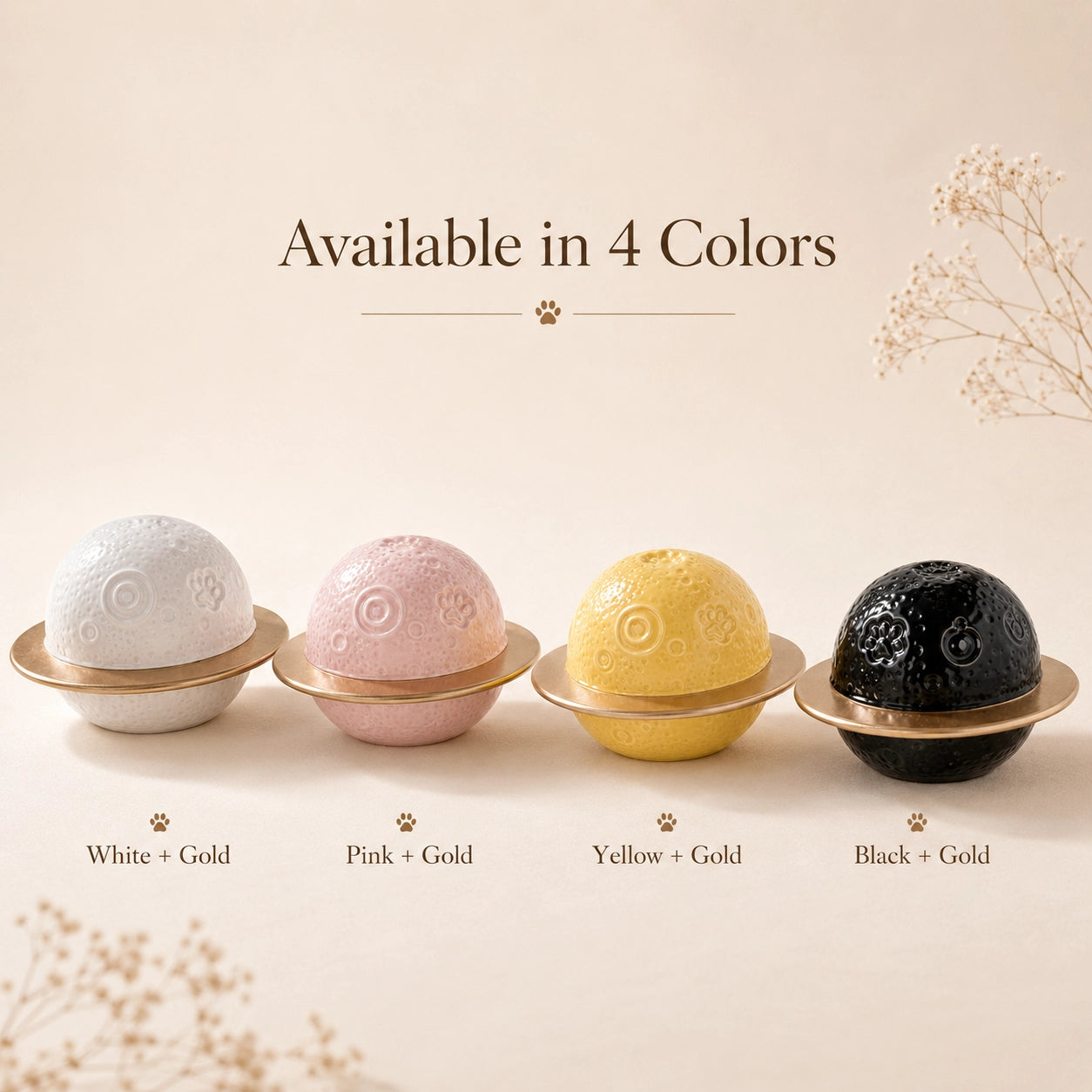 Color options for planet-shaped ceramic pet urn in white, pink, yellow and black with gold