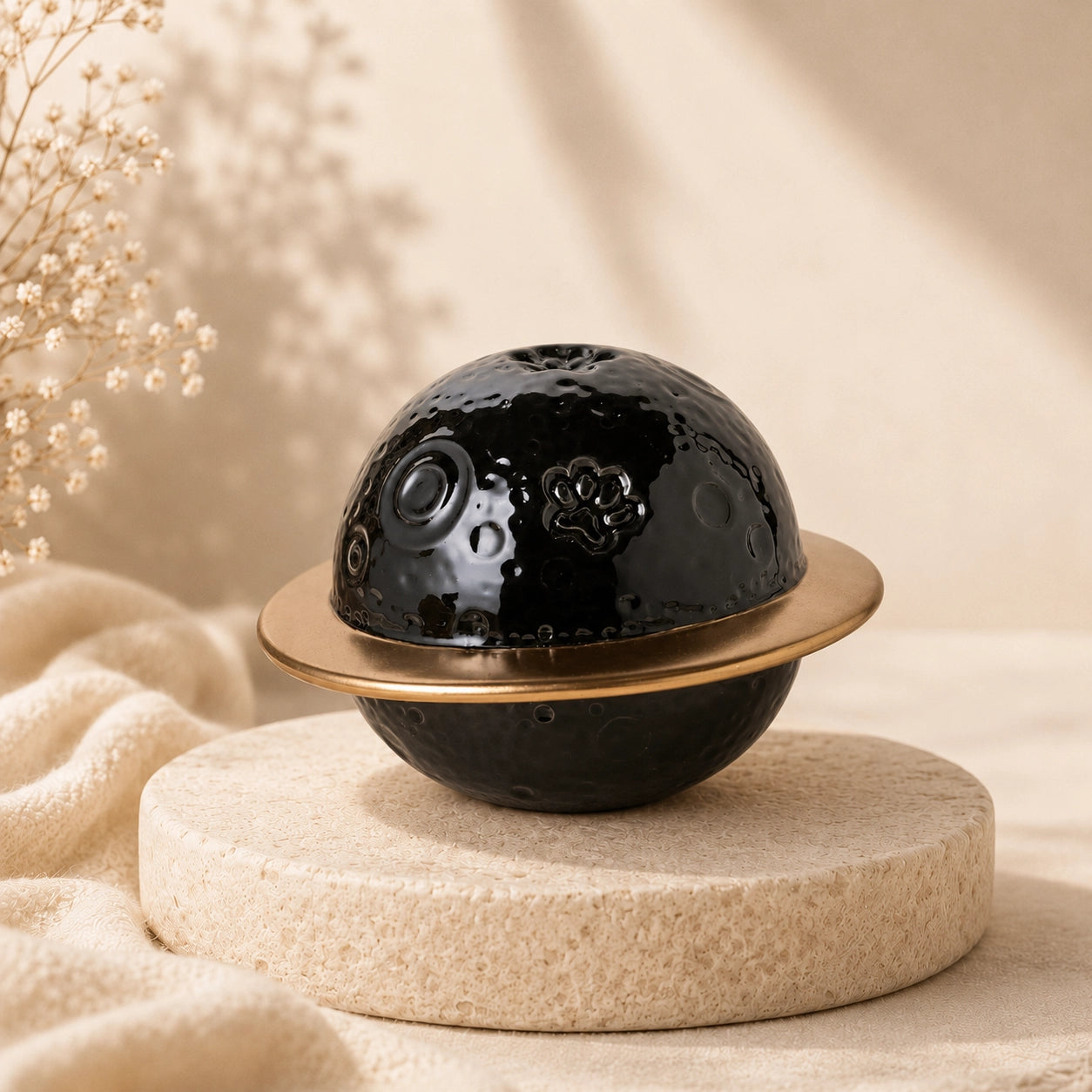 Black and gold planet-shaped ceramic pet urn for ashes on a cream display stand