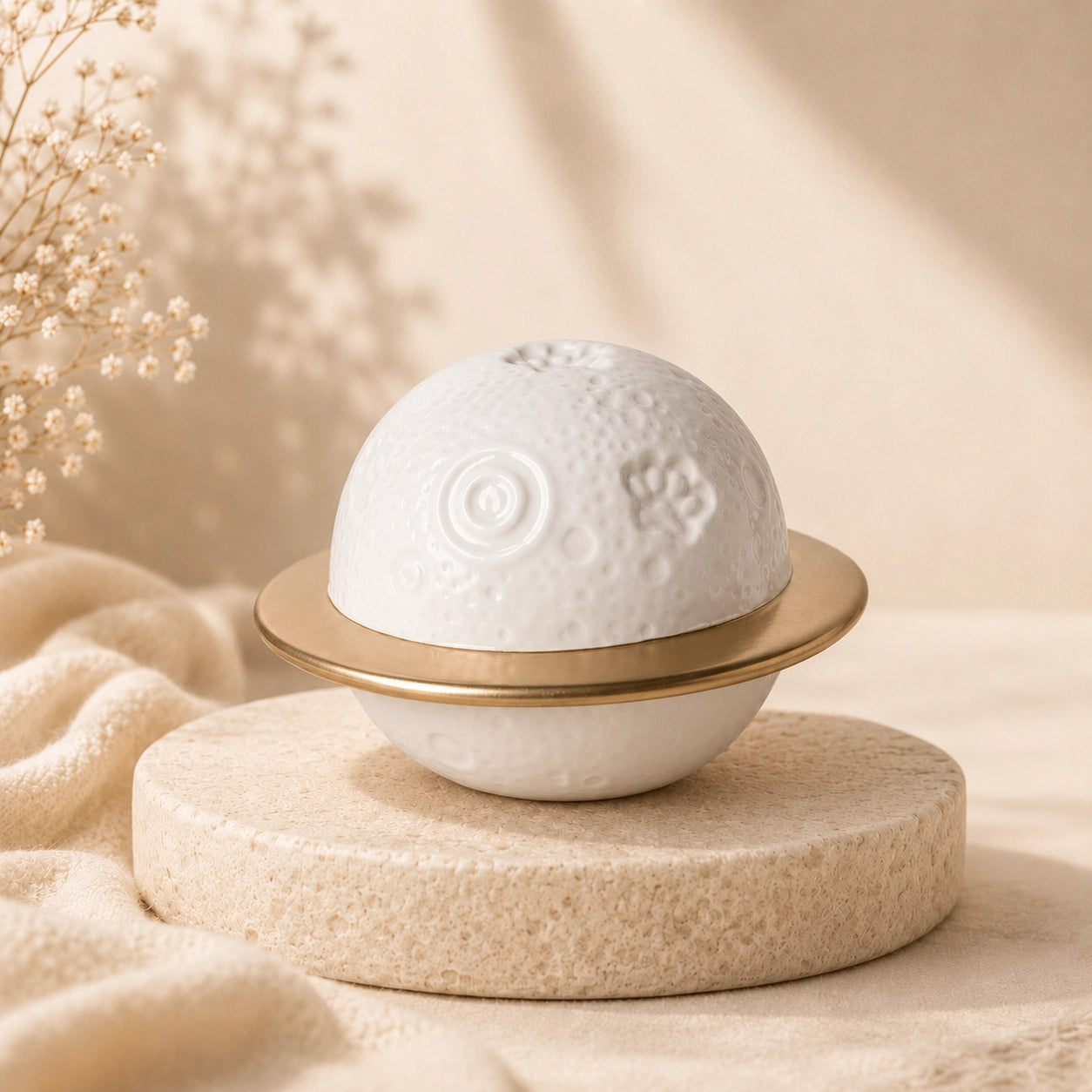White and gold planet-shaped ceramic pet urn for dog or cat ashes