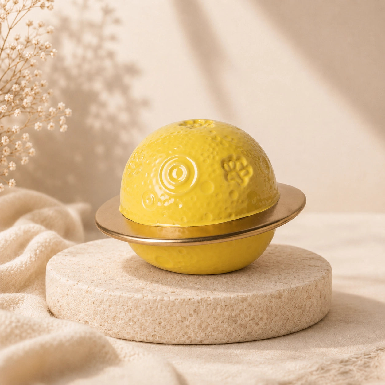 Yellow and gold planet-shaped ceramic pet memorial urn with paw-print details