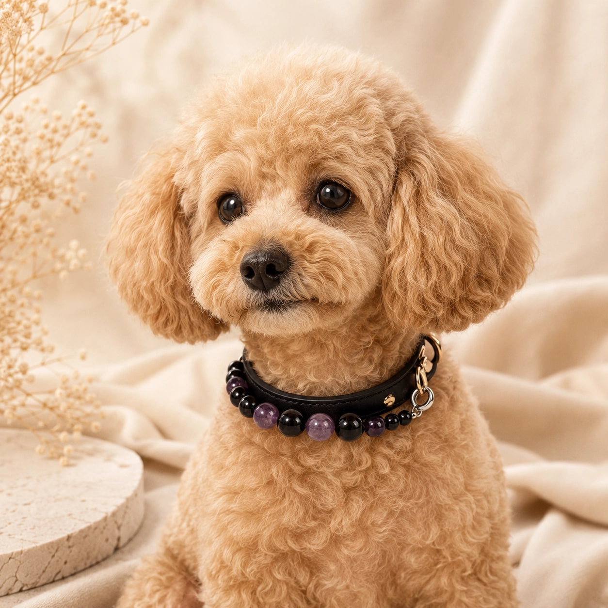 Small poodle wearing an amethyst and black obsidian crystal dog collar