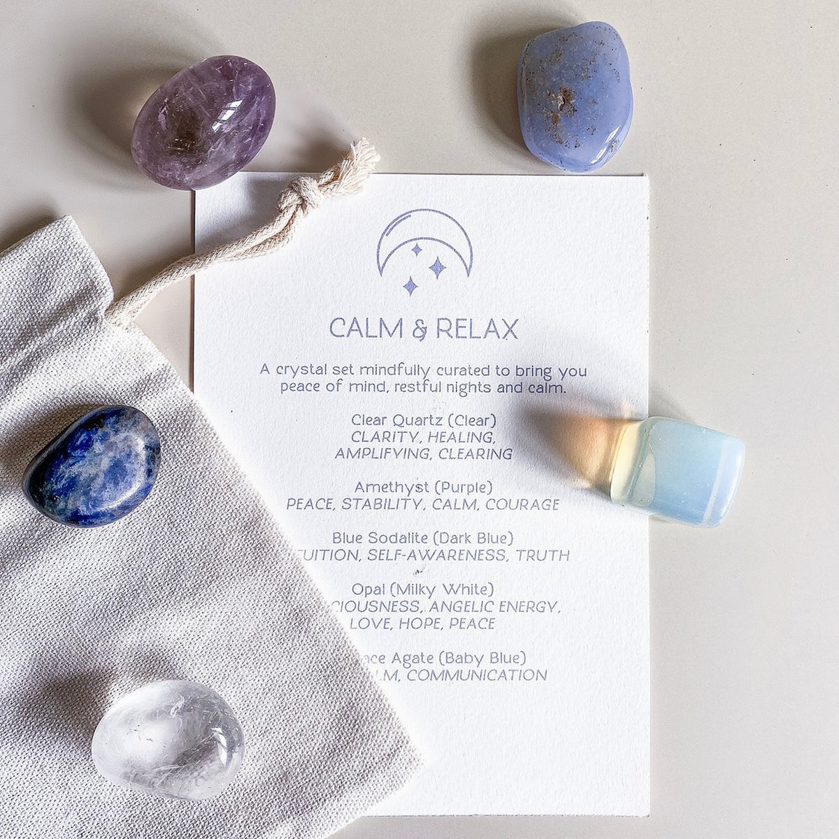 Five natural intention crystal gift sets for love, calm, chakra balance, abundance and feminine energy
