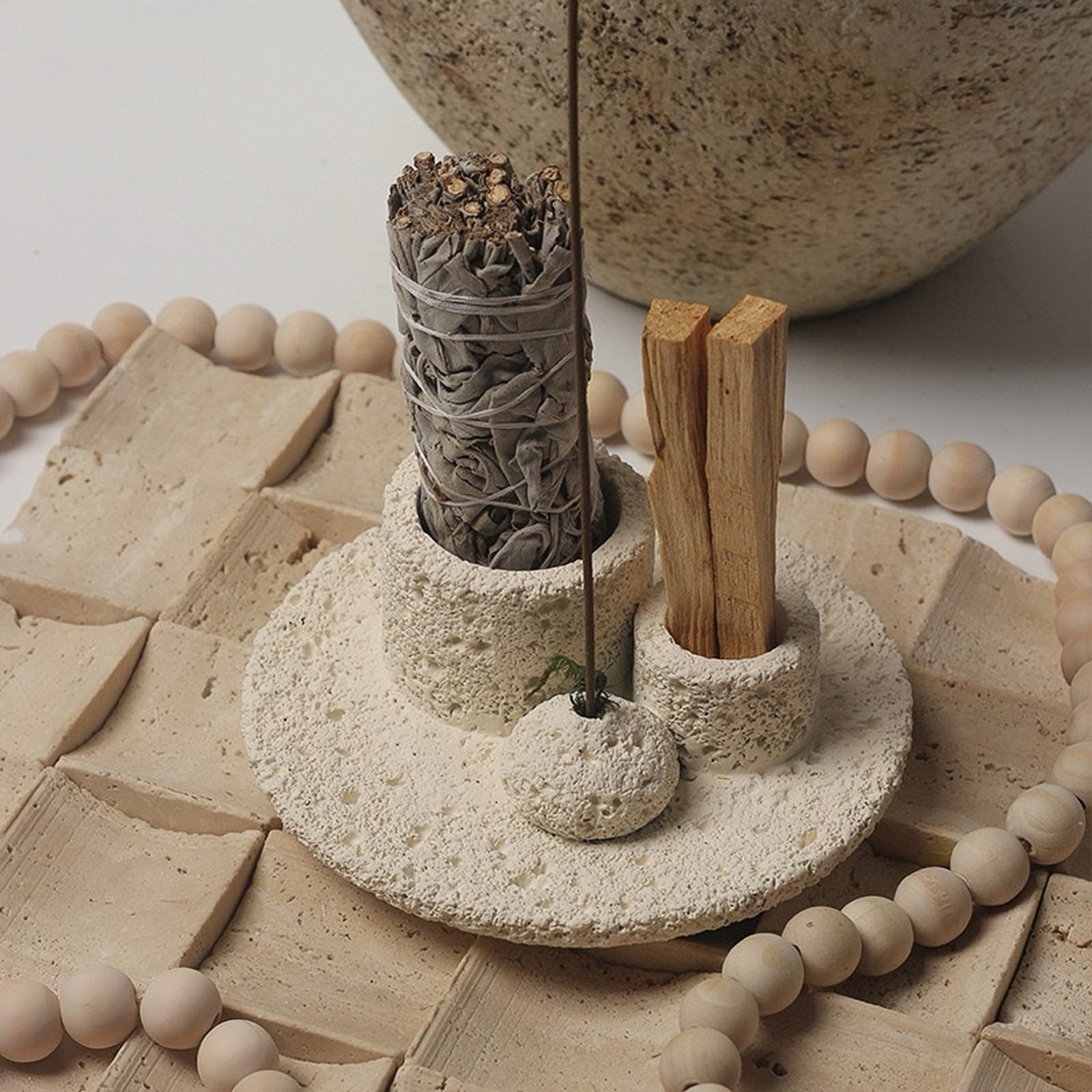 Concrete smudge bowl for incense, sage, or Palo Santo, fits modern and minimalist home decor style