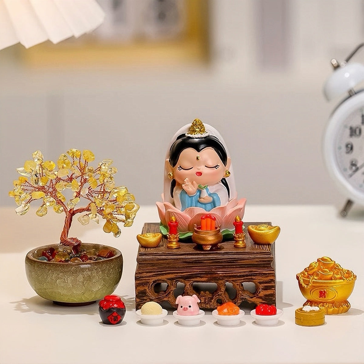 Chinese Feng Shui Blessing Statues｜Mini Altar Decor with Crystal Tree