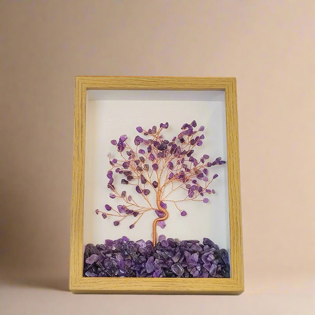 Amethyst gemstone tree in wooden frame for wisdom