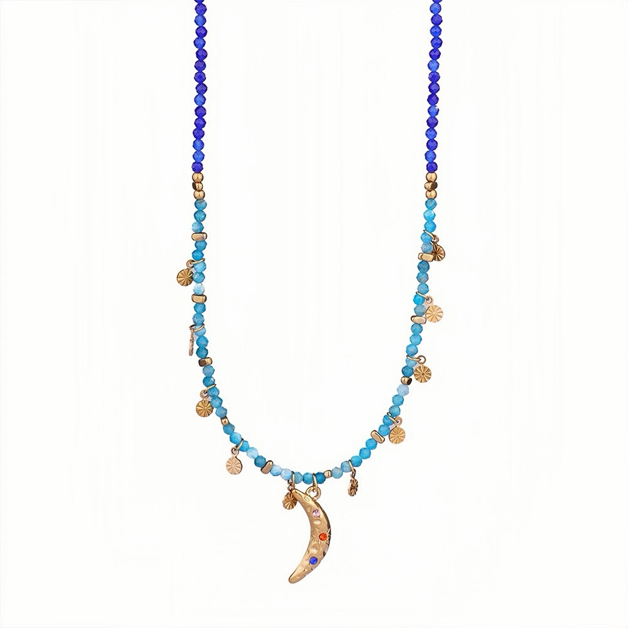 Crescent moon charm necklace with gold-tone chain and turquoise stones