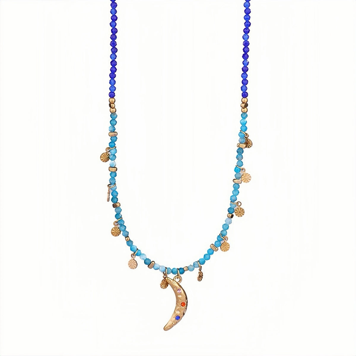 Crescent moon charm necklace with gold-tone chain and turquoise stones