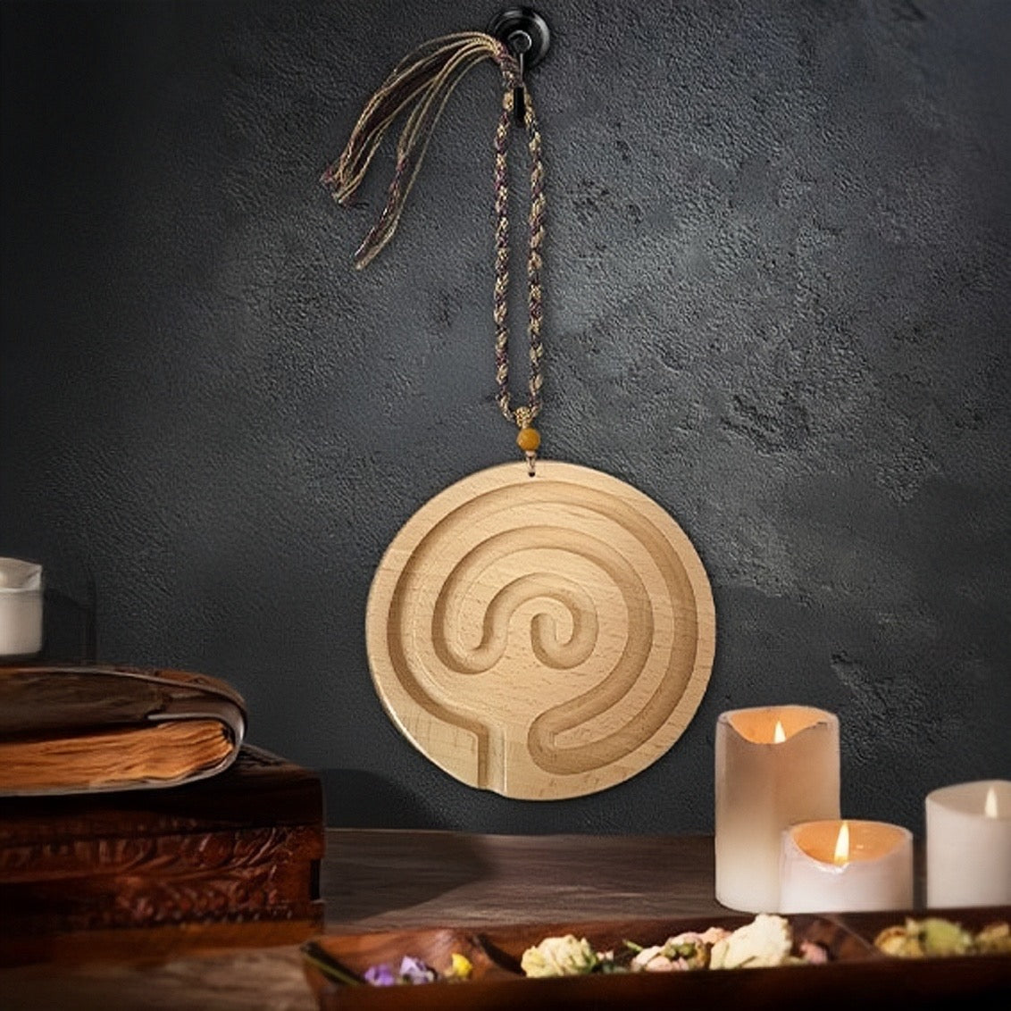 Close-up of natural wooden labyrinth with tassel rope