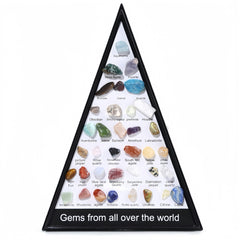 Triangular display of gemstones with labels on a white background