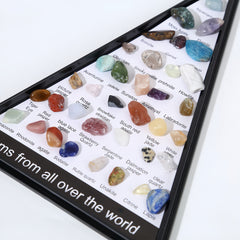 Collection of various gemstones in a display case with labels on a white background.