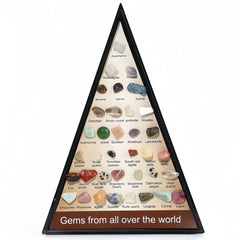 Triangular framed display of gemstones with labels on a white background
