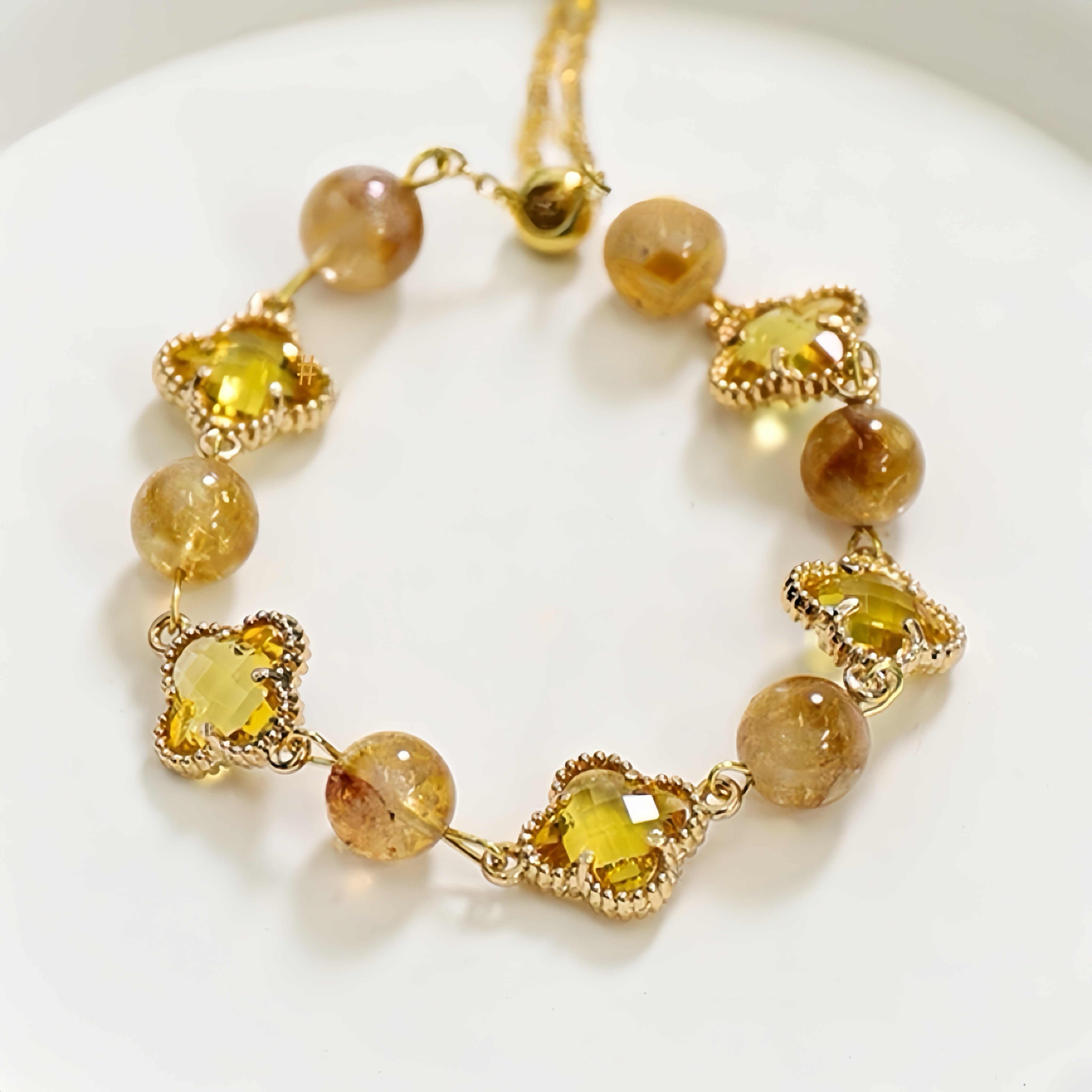 Natural Crystal Clover Bracelet | Citrine for Wealth & Strawberry for Heart Healing - Auratract