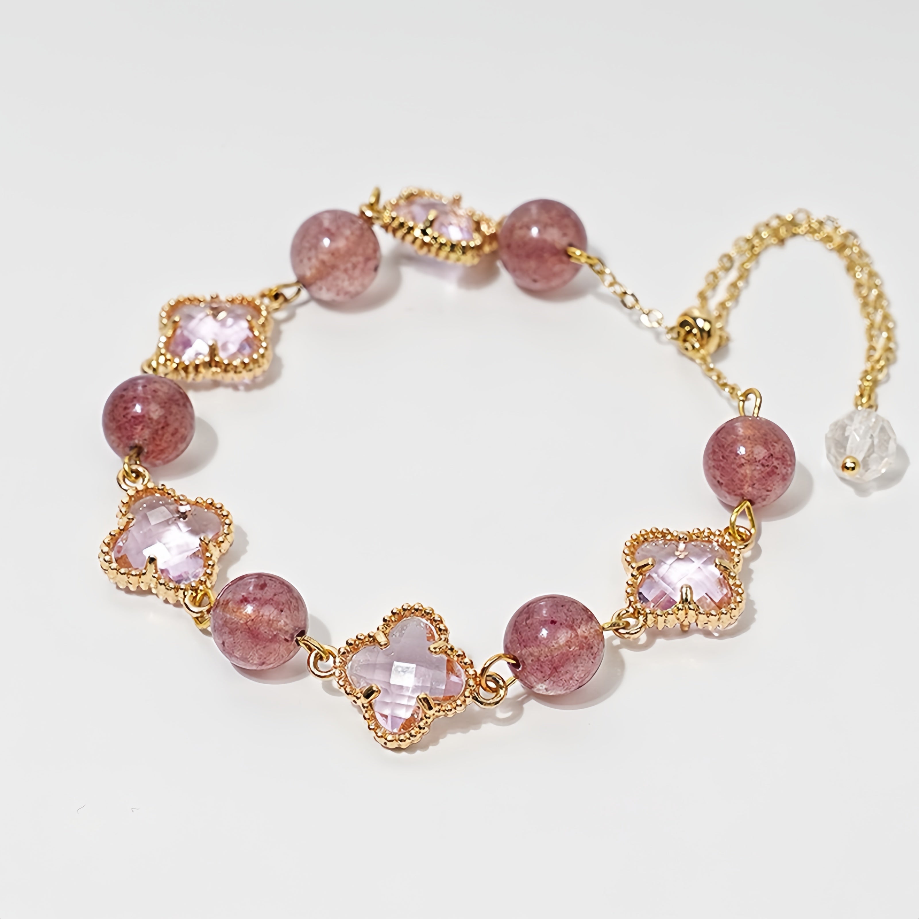Natural Crystal Clover Bracelet | Citrine for Wealth & Strawberry for Heart Healing - Auratract