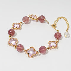 Natural Crystal Clover Bracelet | Citrine for Wealth & Strawberry for Heart Healing - Auratract