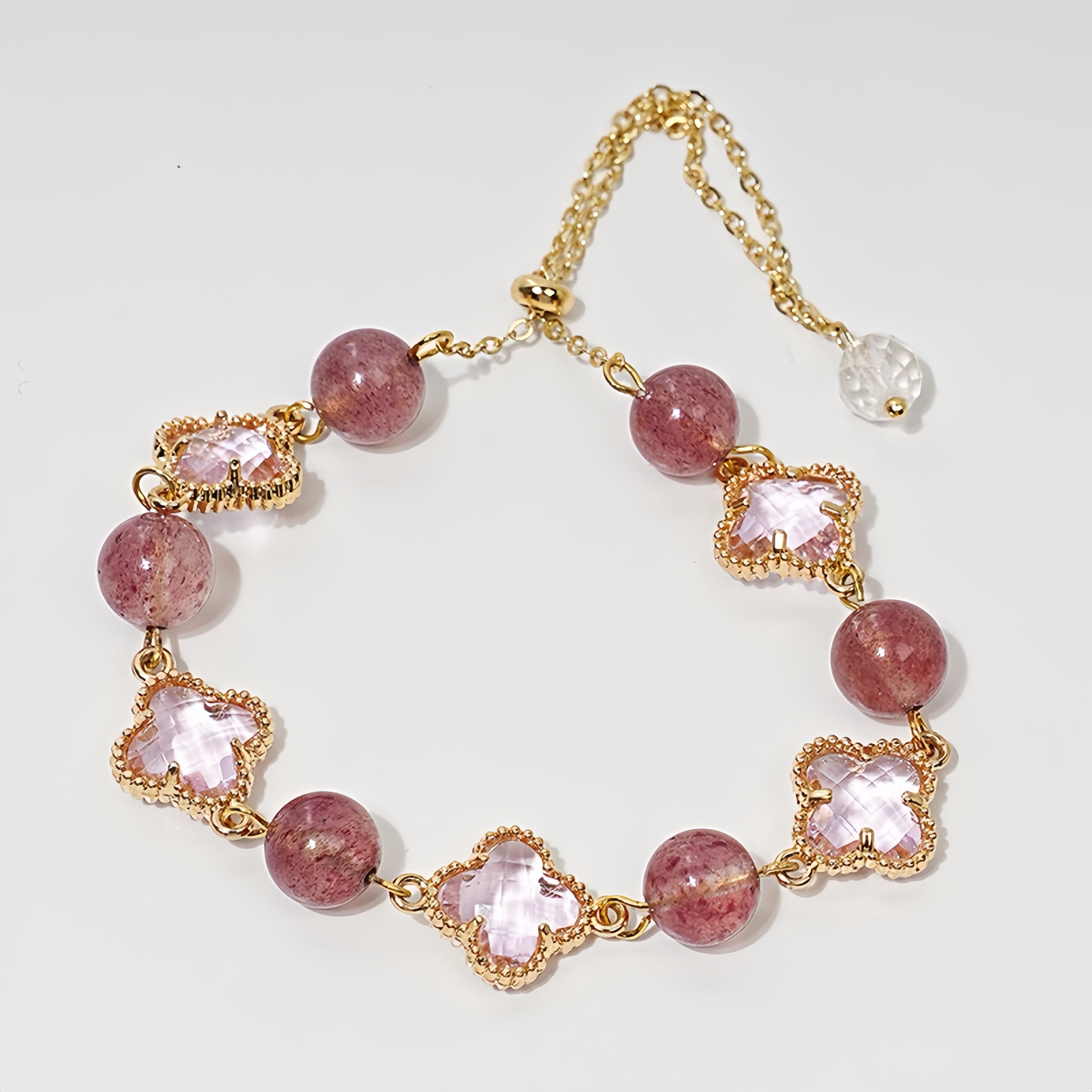Natural Crystal Clover Bracelet | Citrine for Wealth & Strawberry for Heart Healing - Auratract