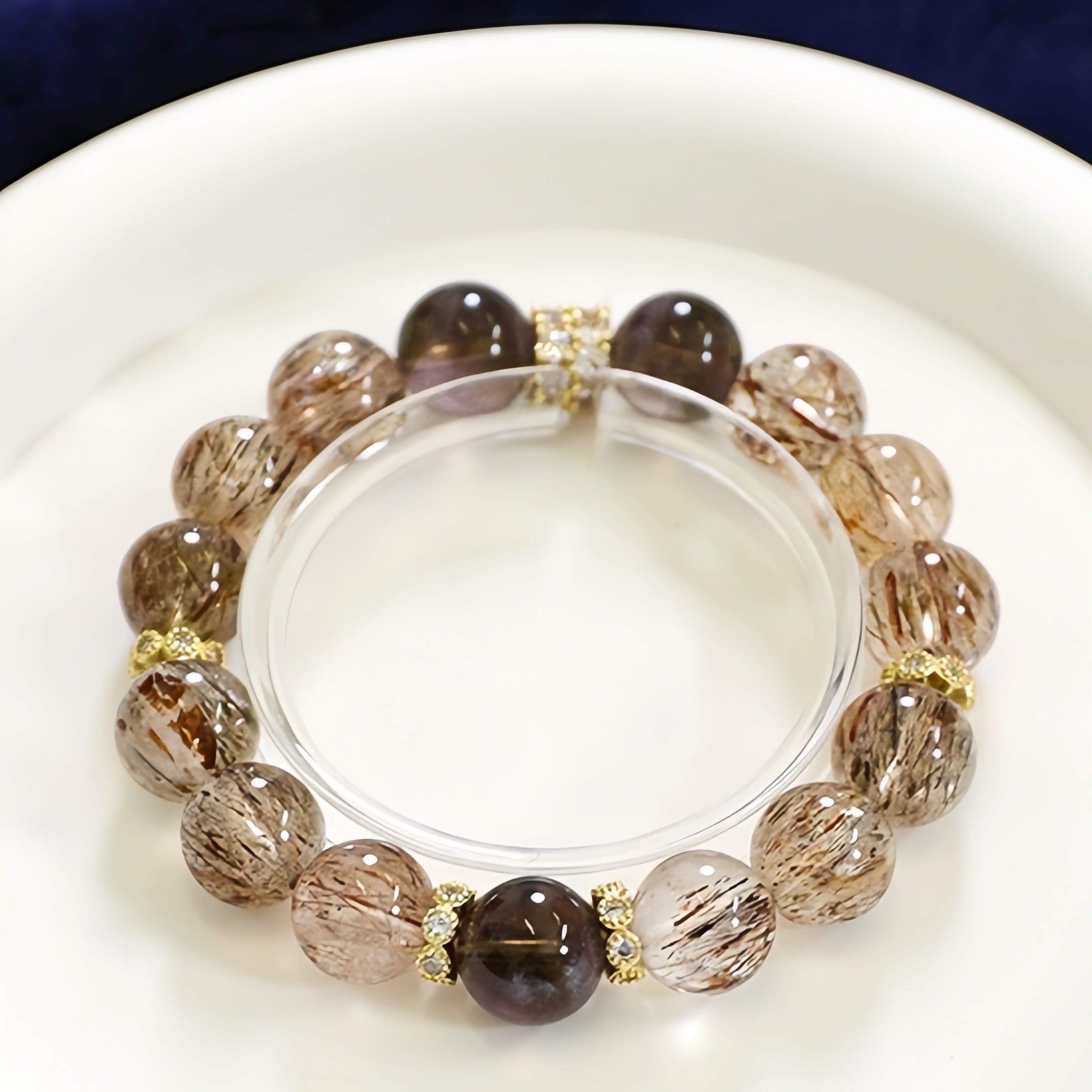 Golden rutilated quartz and smoky quartz bracelet for wealth, grounding, and energy healing