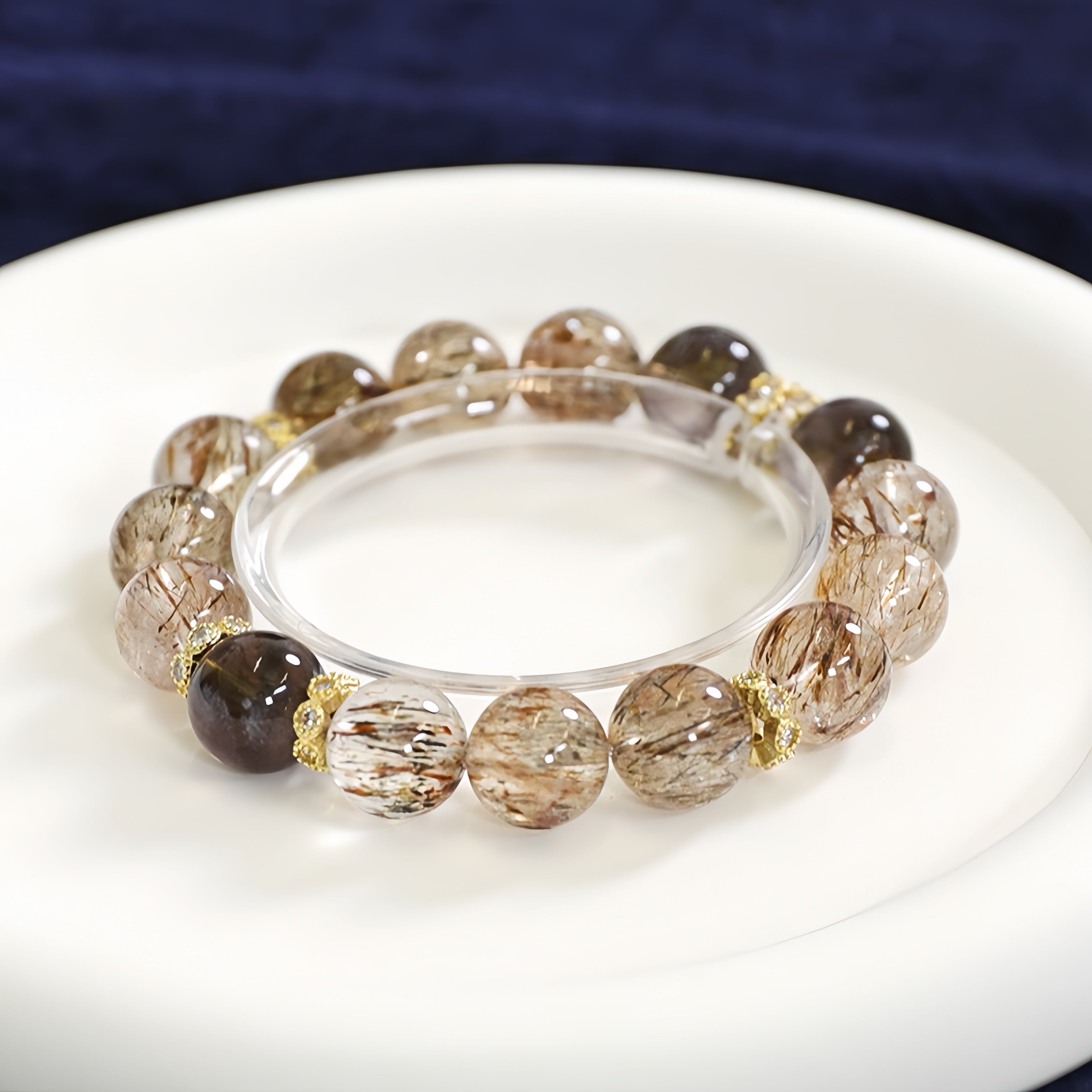 Golden rutilated quartz and smoky quartz bracelet for wealth, grounding, and energy healing