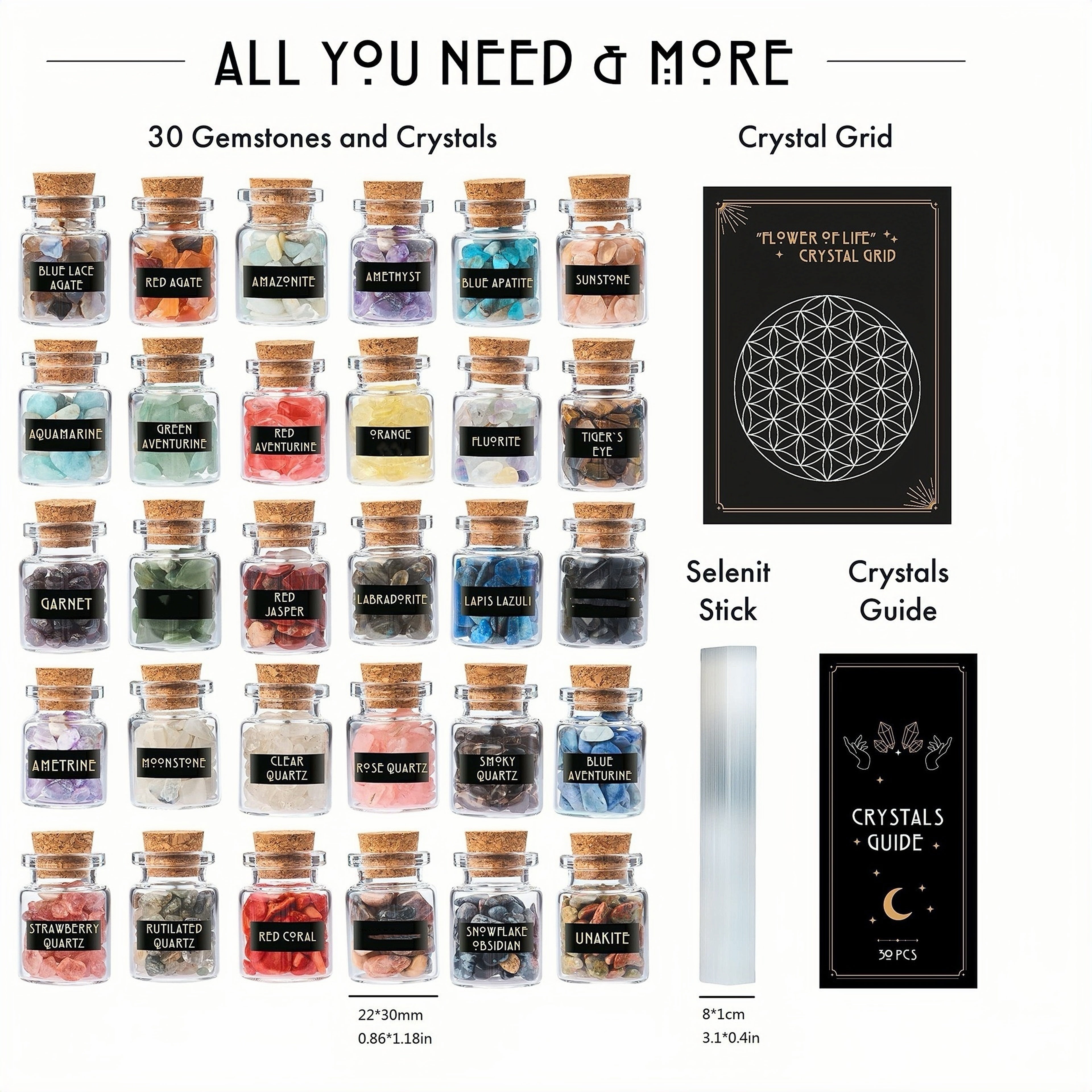 close-up of mini gemstone bottles in a beginner crystal set