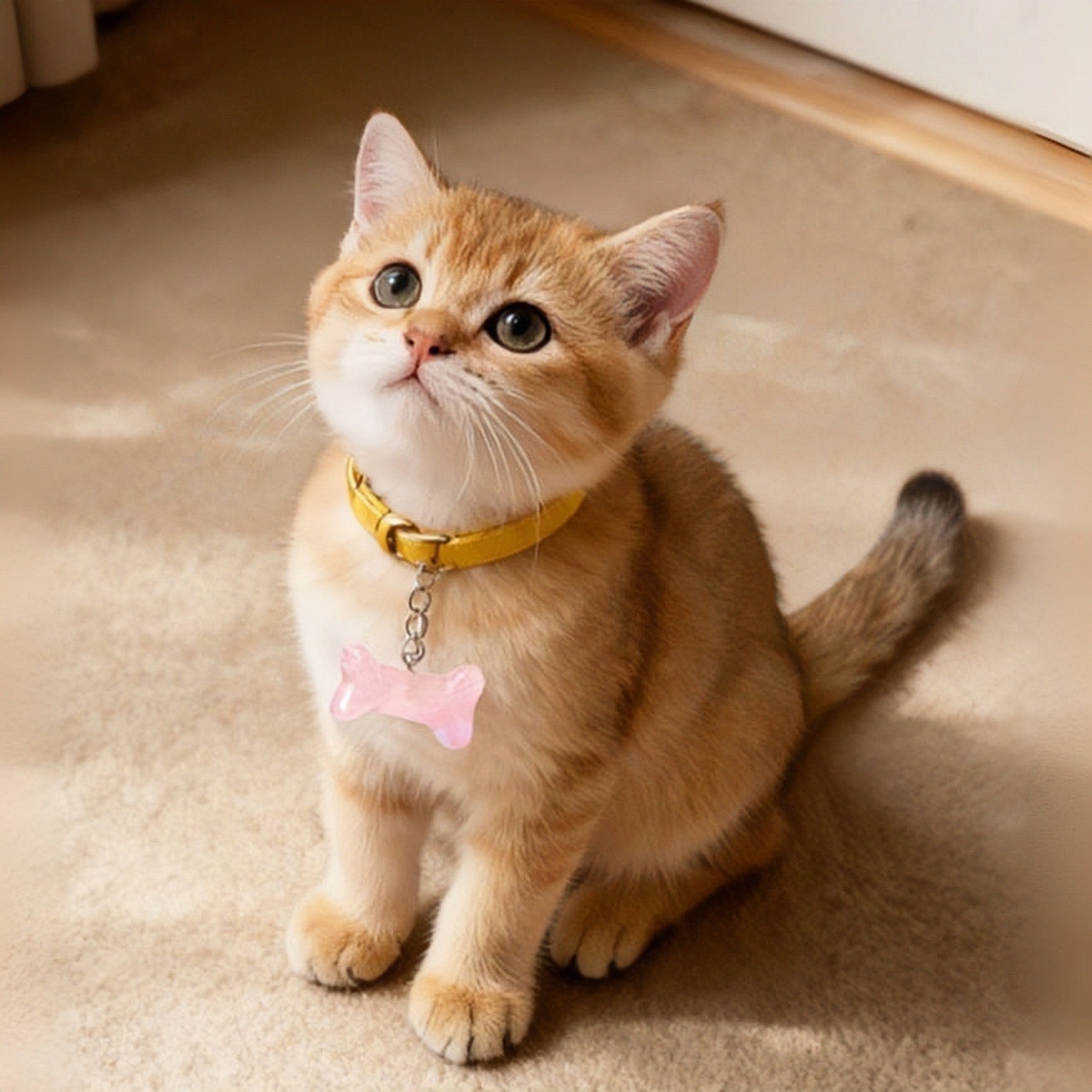 Orange tabby cat wearing a yellow collar with a pink bone-shaped tag on a beige carpet.
