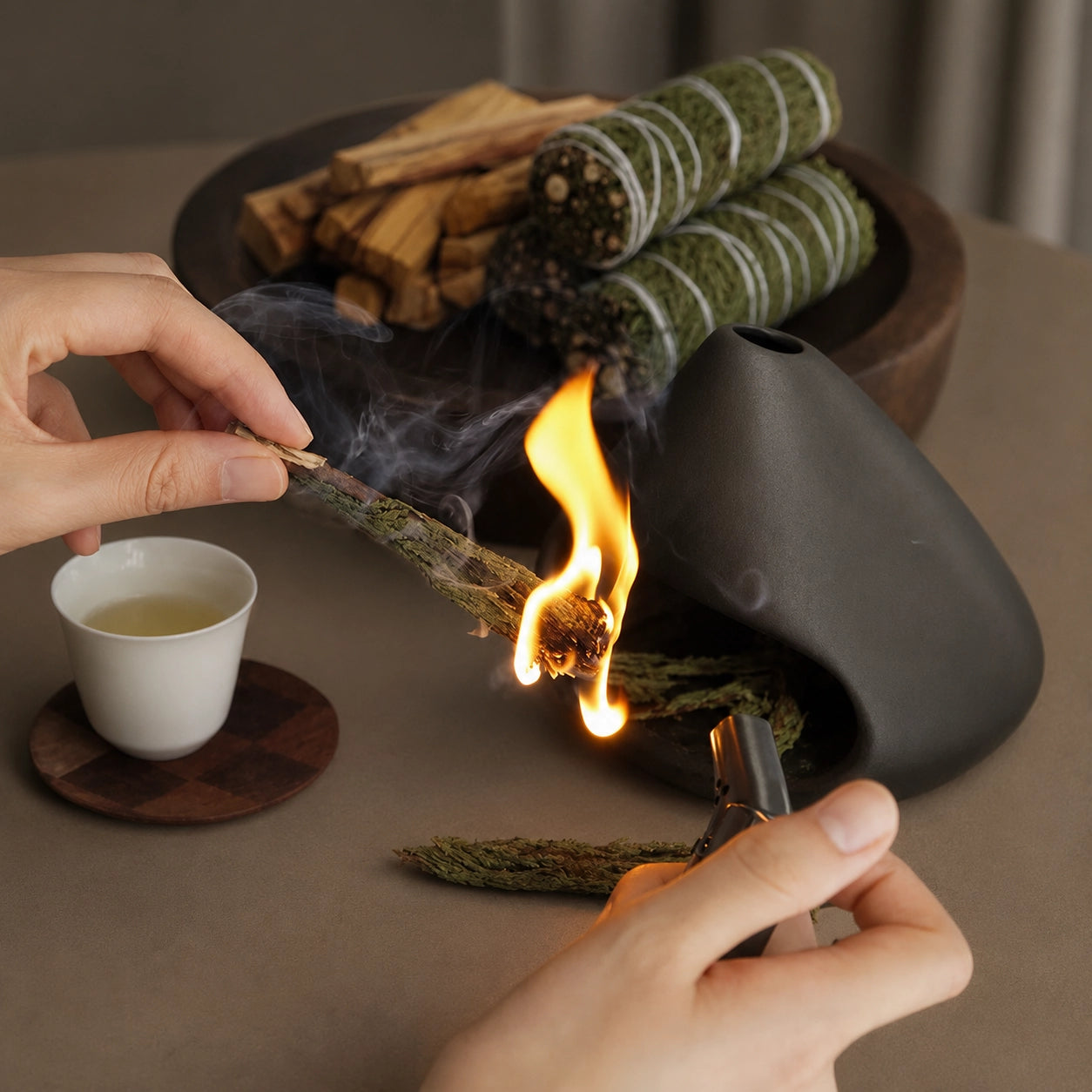 Mount Fuji Ceramic Incense Burner used with sage bundle and Palo Santo for spiritual cleansing rituals.