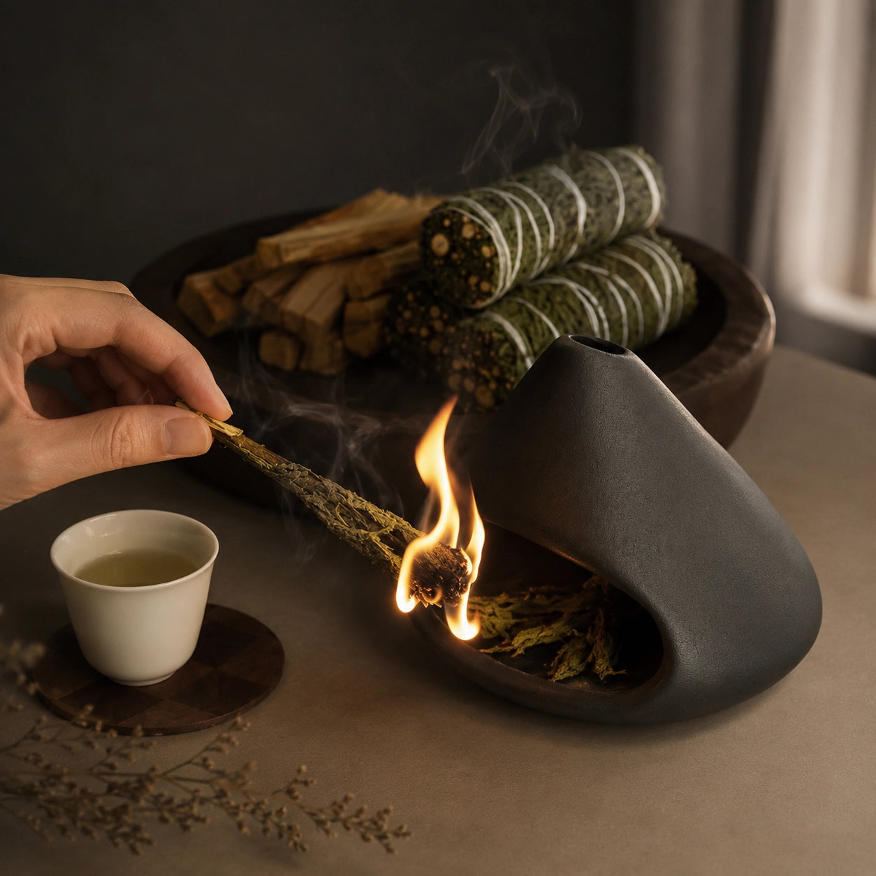 Mount Fuji Ceramic Incense Burner with sage and Palo Santo for cleansing rituals and zen home decor.