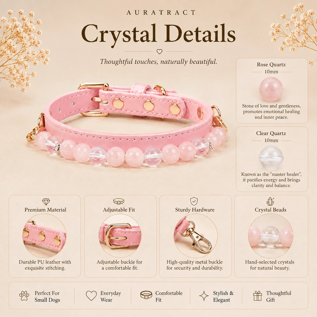 Rose quartz and clear quartz crystal dog collar bead, buckle and hardware details