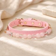 Rose quartz and clear quartz crystal dog collar in pink with gold-tone buckle