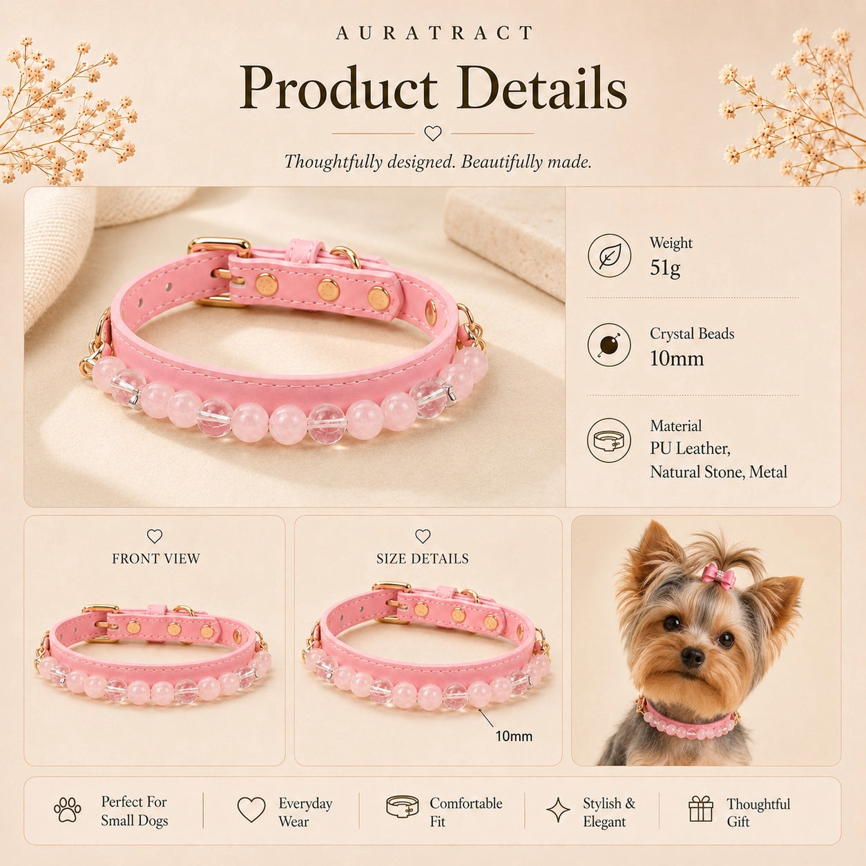 Rose quartz and clear quartz dog collar product details with 10 mm crystal beads