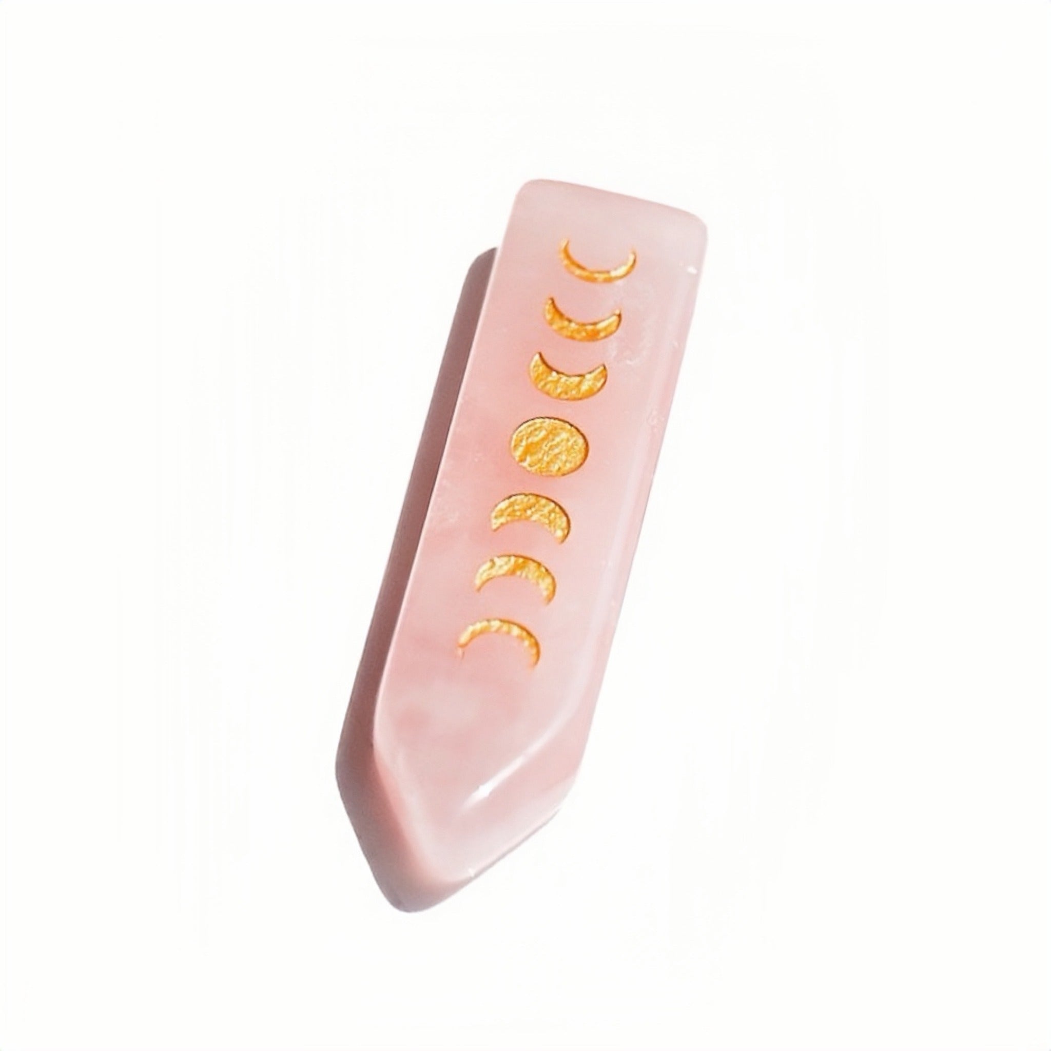 Rose Quartz moon phase crystal point with gold-tone lunar symbols
