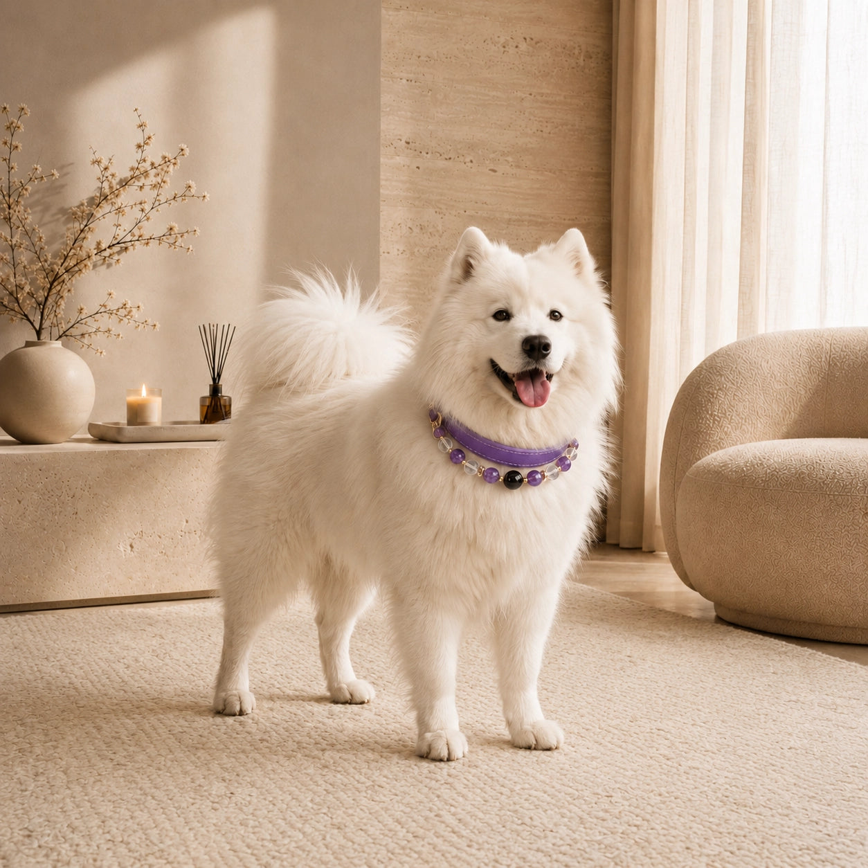 Samoyed wearing a purple amethyst and clear quartz crystal dog collar indoors