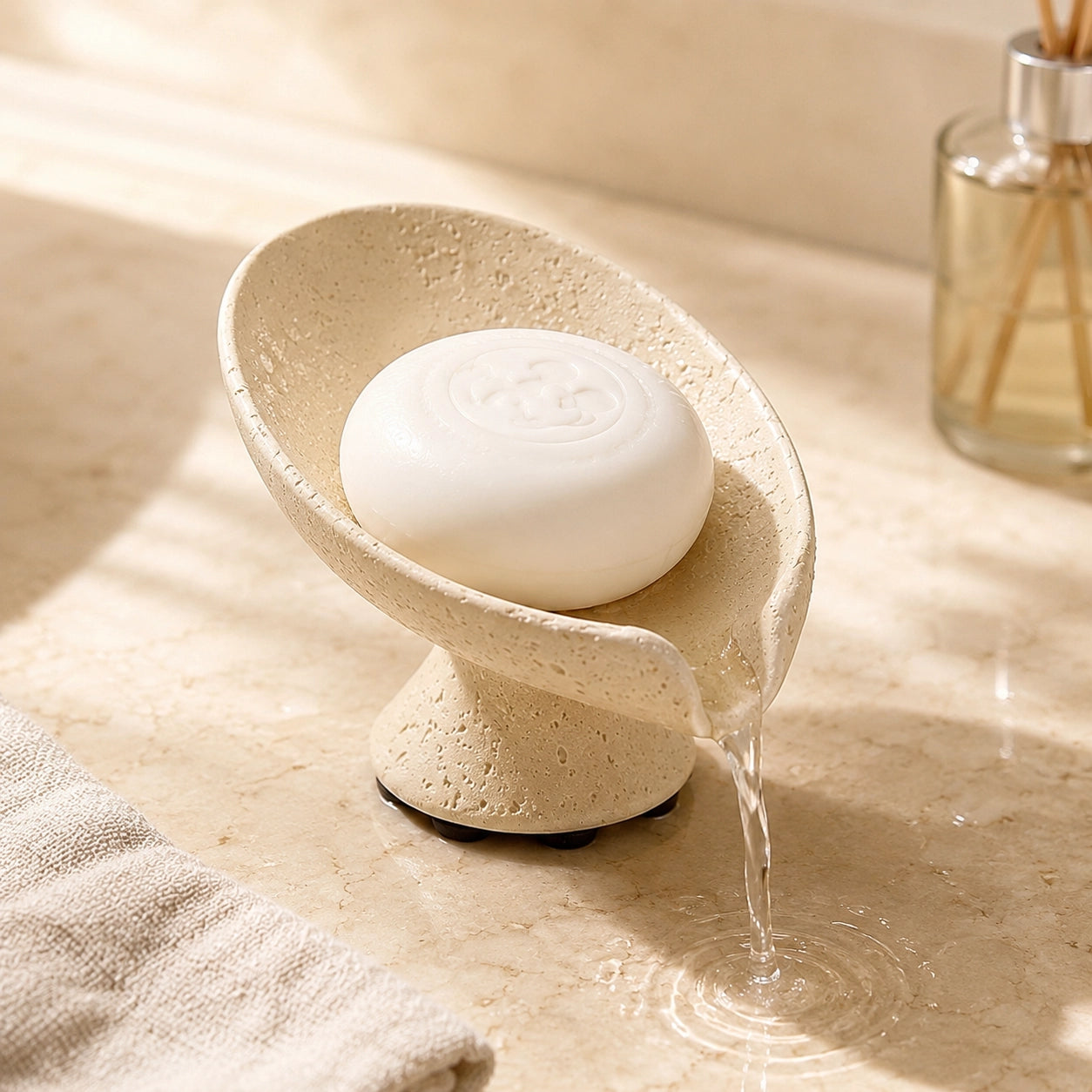 Self draining soap dish with water flowing through the curved drainage design.