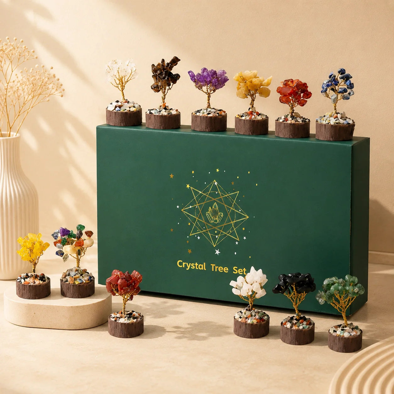 mini crystal tree set styled in home decor feng shui arrangement for energy balance