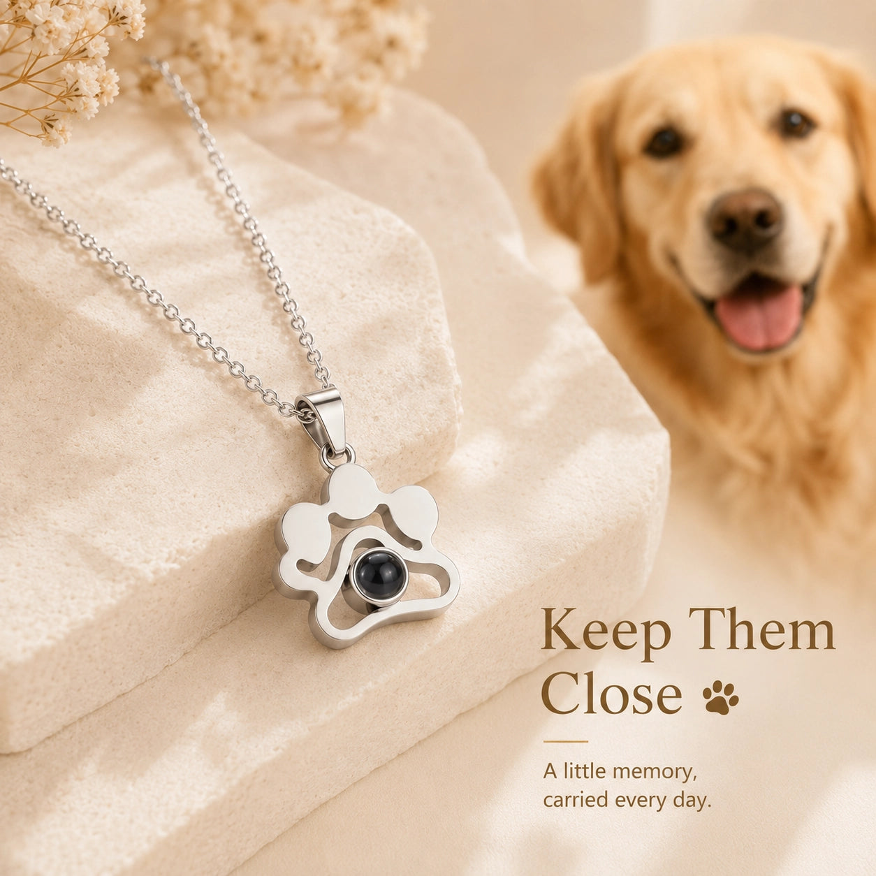 Silver personalized pet photo projection necklace displayed with a golden retriever