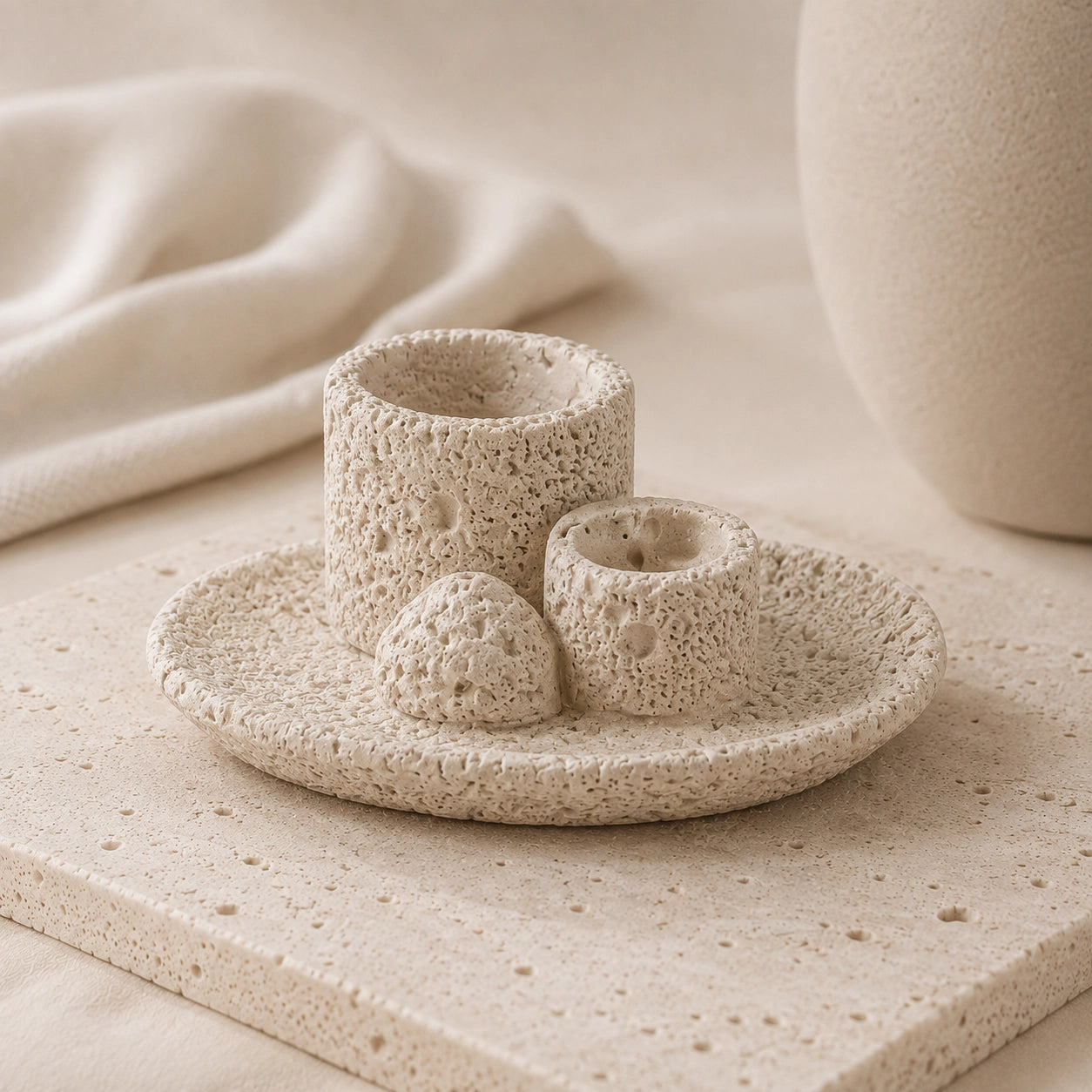 Beige Wabi-Sabi concrete cleansing burner and Palo Santo holder in a warm neutral setting