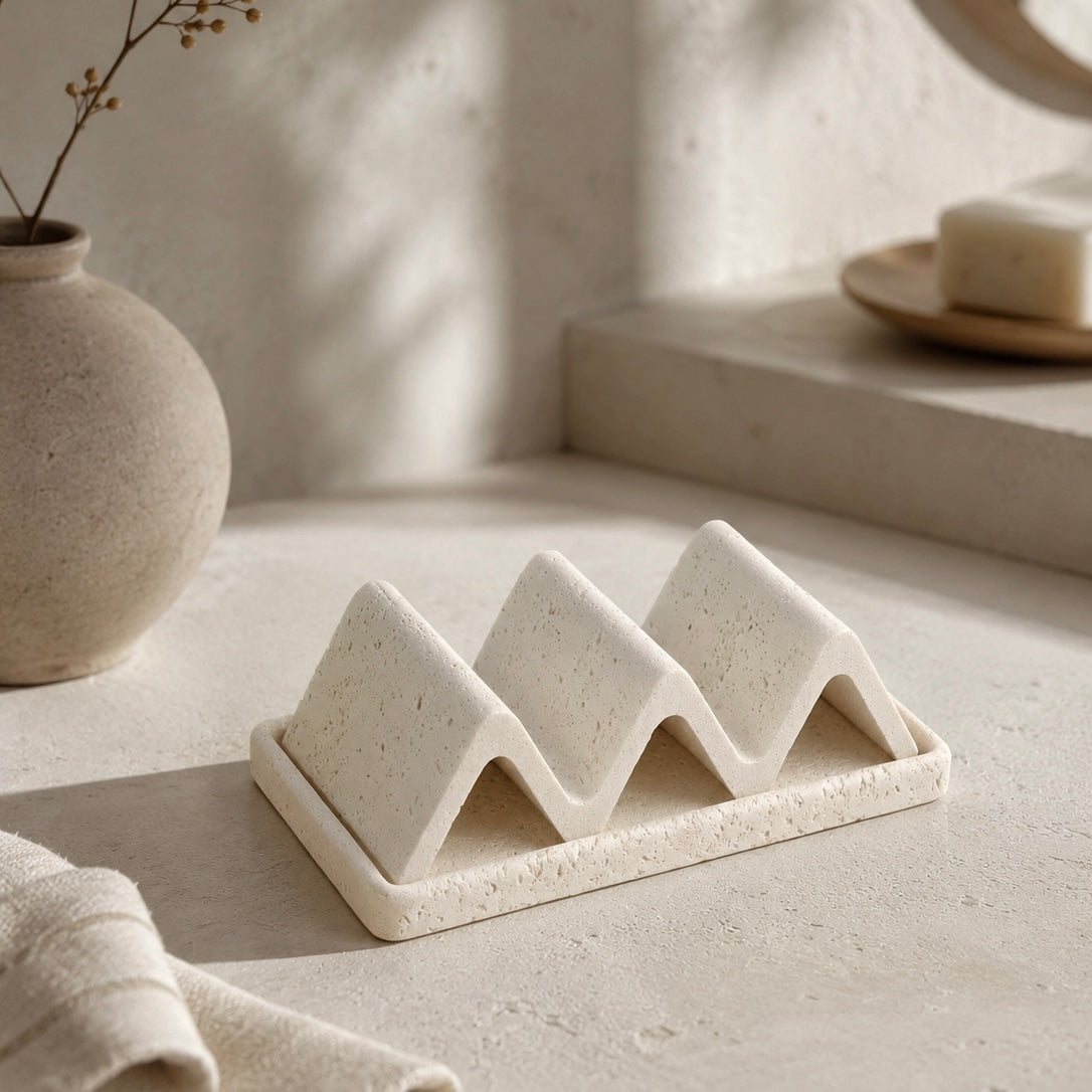White wabi sabi soap holder tray with porous sandstone texture for modern bathroom