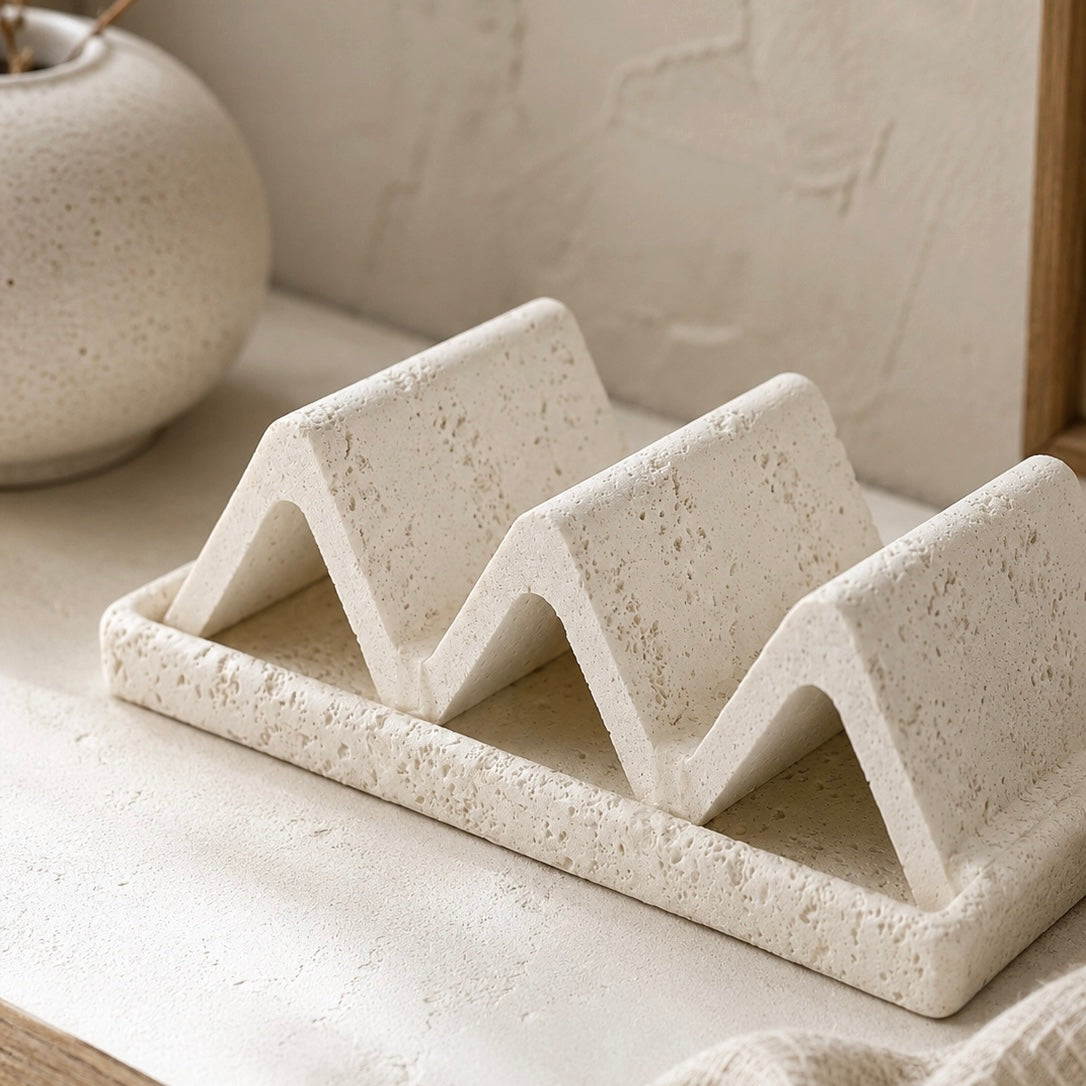 White wabi sabi soap dish with porous stone texture for modern bathroom decor