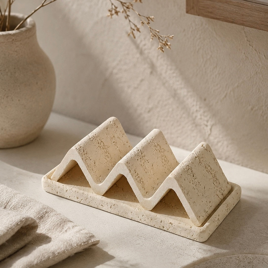 Beige natural stone soap dish with double-sided holder for spa bathroom countertop