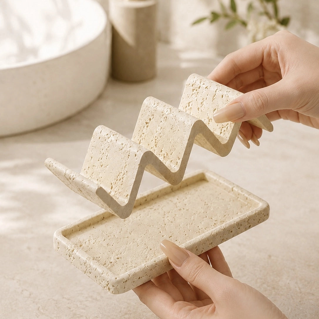Handmade natural sandstone soap dish with removable wave holder and tray design