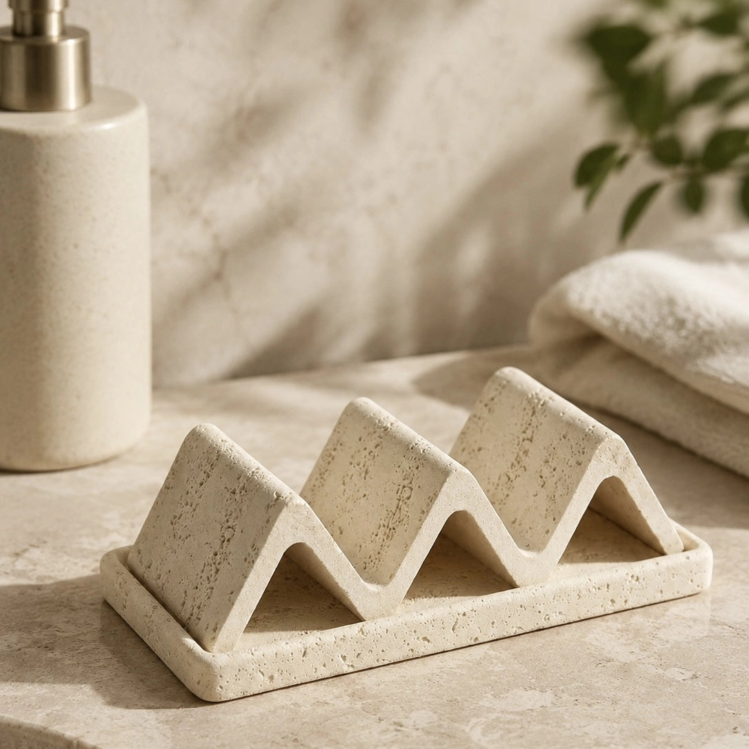 Minimalist wabi sabi soap holder tray with natural sandstone texture for bathroom vanity