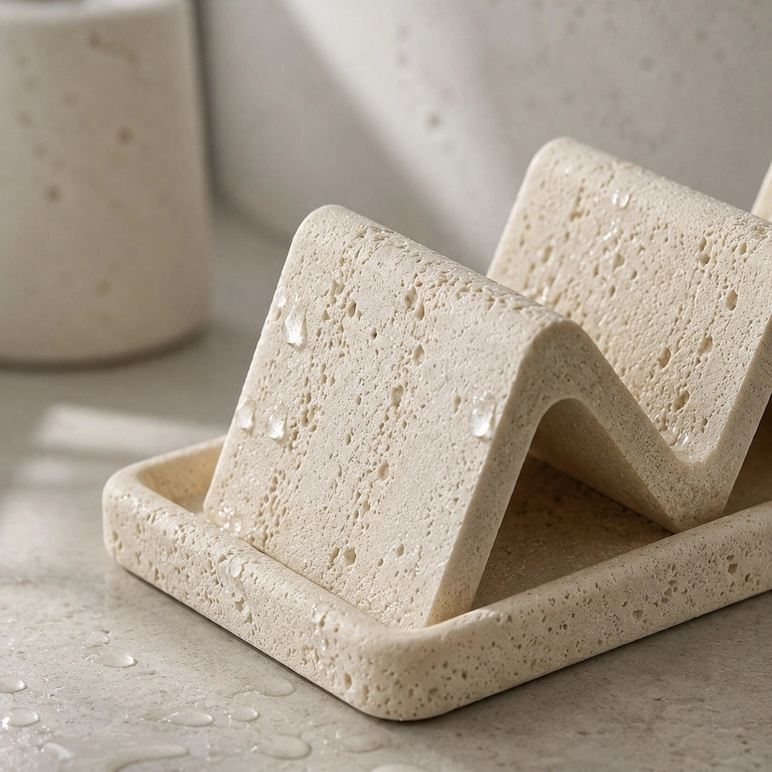 Close-up of porous natural sandstone soap dish with wave-shaped drainage design