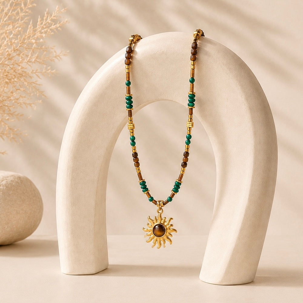 Boho sunflower crystal necklace styled in a warm lifestyle scene for confidence and mindful daily wear